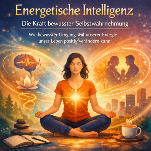 Energetische Intelligenz, meditierende Frau im Lotussitz mit geschlossenen Augen, Notizbuch und Tasse Tee steht vor ihr, im Hintergrund sieht man angedeutet eine Stadt, ein Paar und Natur